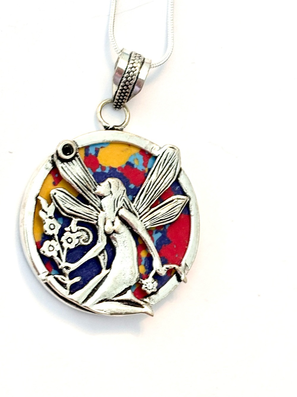 Unique, 2 inch, Mosaic Jasper pendant  with silver Fairy on the front.